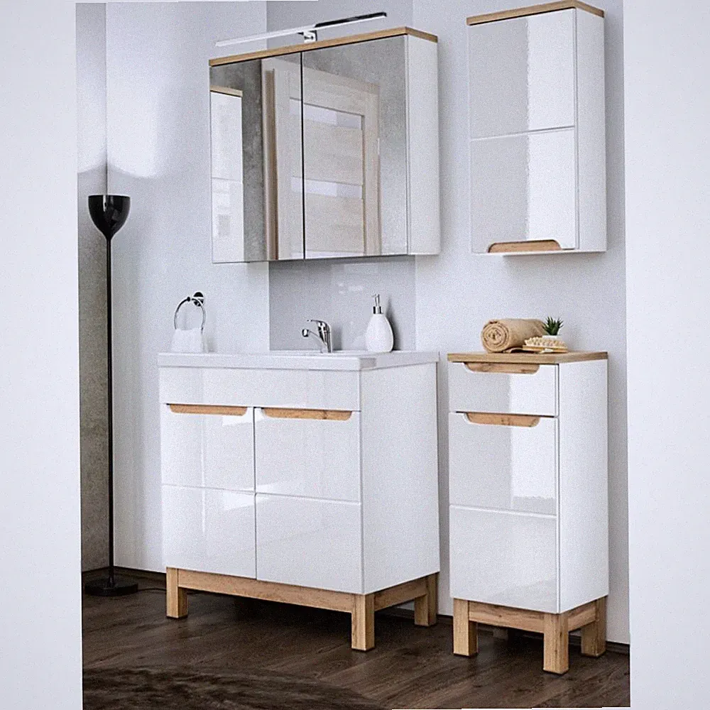 Badezimmer Badmöbel Set Hochglanz Keramikbecken Waschtisch LED Spiegelschrank
