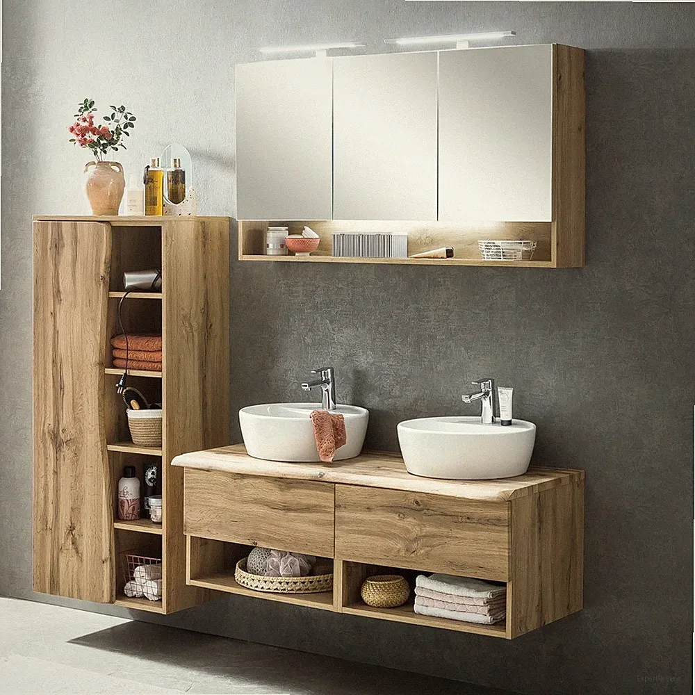 Badezimmer Badmöbel Set Spiegelschrank Waschbeckenunterschrank Waschbecken Eiche