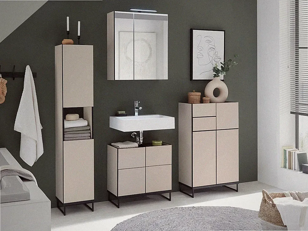 Badezimmer Badmöbel-Set VENEZIA kaschmir Spiegelschrank optional Hoch-/Highboard