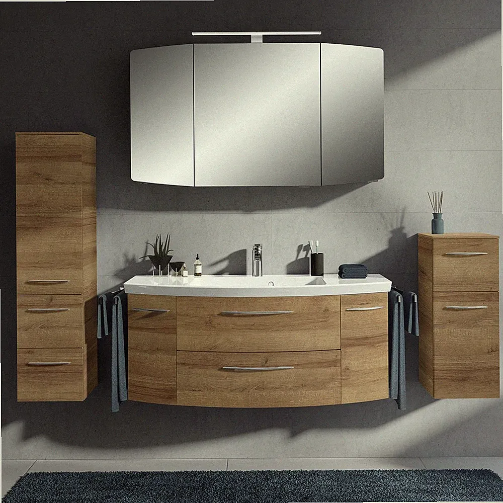 Badezimmer Badmöbel Set Waschtisch LED-Spiegelschrank Hochschrank Hängeschrank