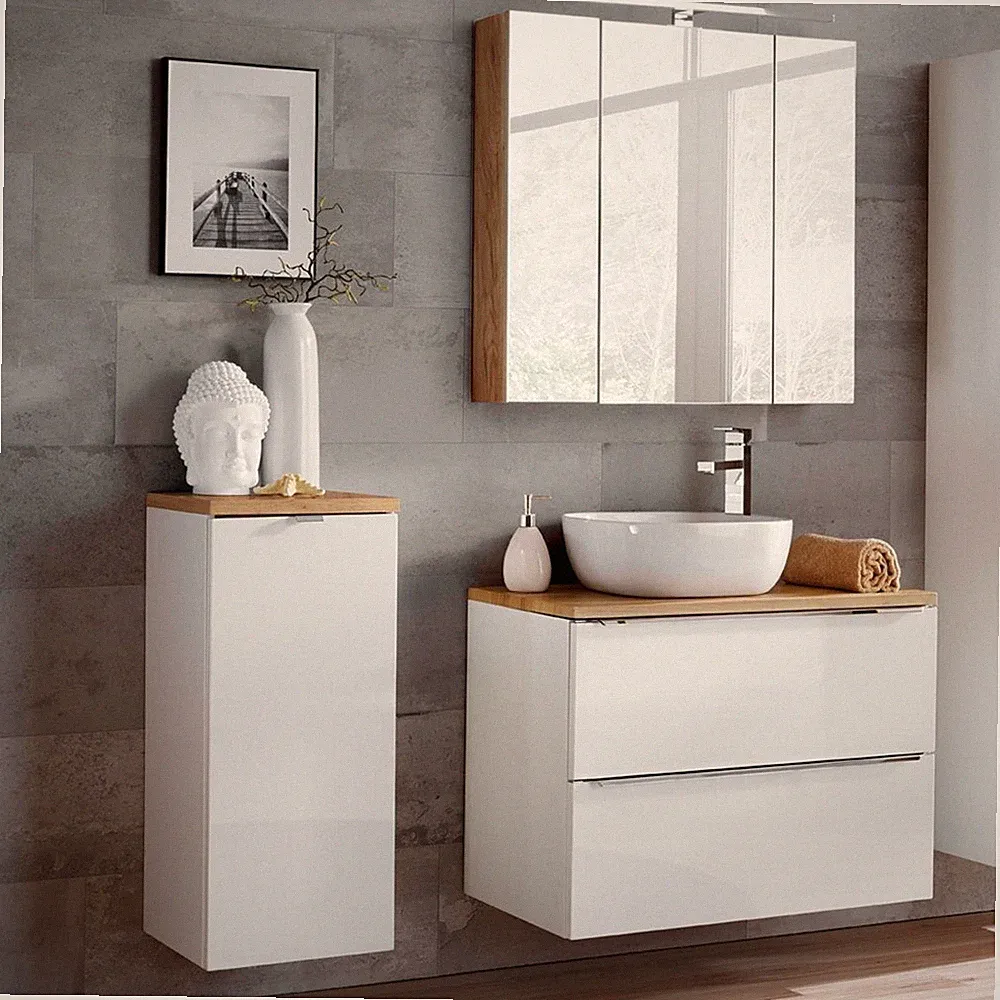 Badezimmer Badmöbel Set Waschtisch mit Keramik Waschbecken LED Spiegelschrank 3D