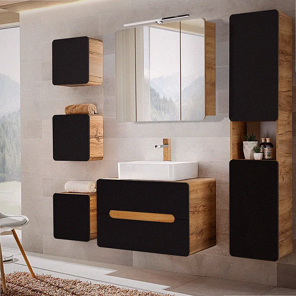 Badezimmer Badmöbel Set Waschtisch Unterschrank LED Spiegelschrank Hochschrank