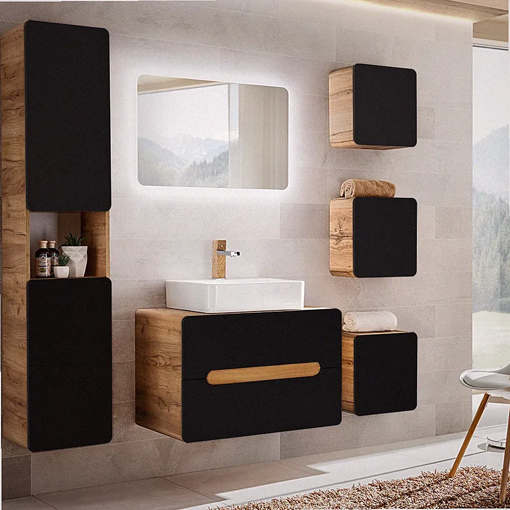 Badezimmer Badmöbel Set Waschtischunterschrank Keramikbecken Spiegel Hochschrank