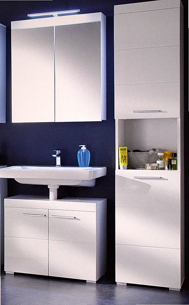 Badezimmer Badmöbel Set weiß Hochglanz Badkombination 3-teilig 112 x 190 Amanda