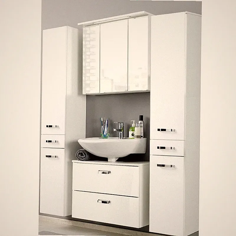 Badezimmer Badmöbel Set weiß Waschbeckenschrank LED Spiegelschrank Hochschränke