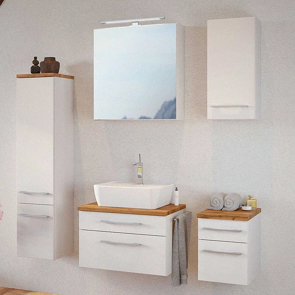Badezimmer Badmöbel Set weiß Waschtisch Keramik Waschbecken LED Spiegelschrank
