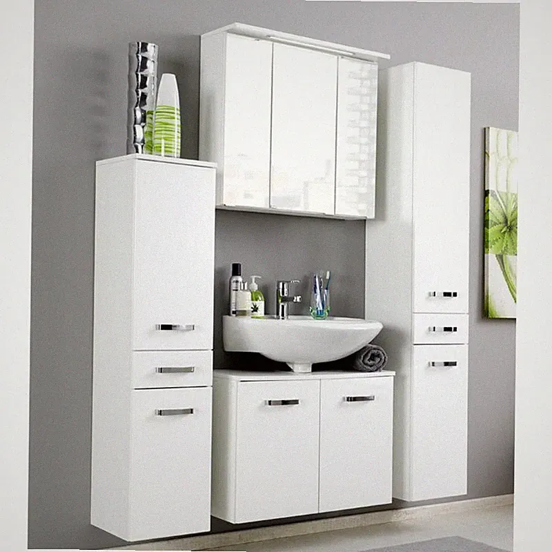 Badezimmer Badmöbel Set weiß Waschtischunterschrank Spiegelschrank Hochschrank