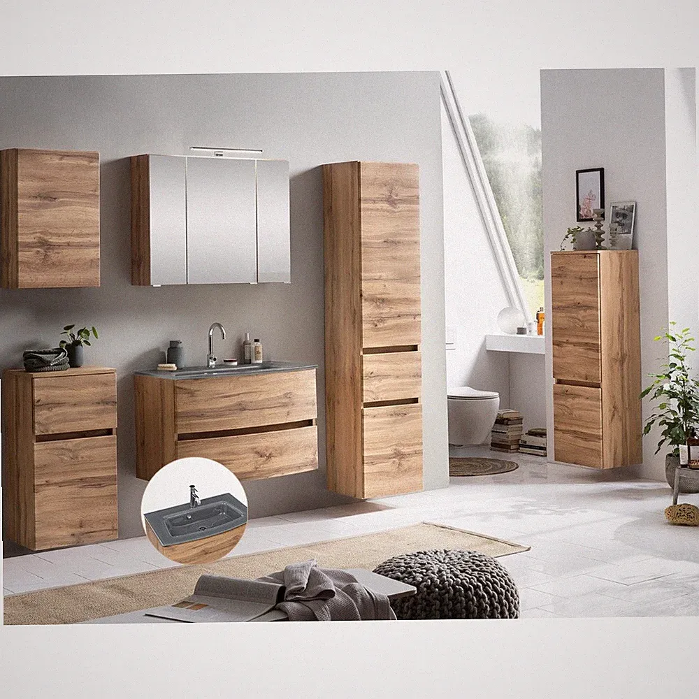 Badezimmer Badmöbel Set Wotaneiche LED Spiegelschrank Waschtisch Hängeschrank