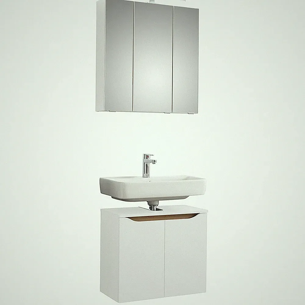 Badezimmer Badmöbel Waschplatz Set weiß Glanz 65 cm breit Spiegelschrank LED