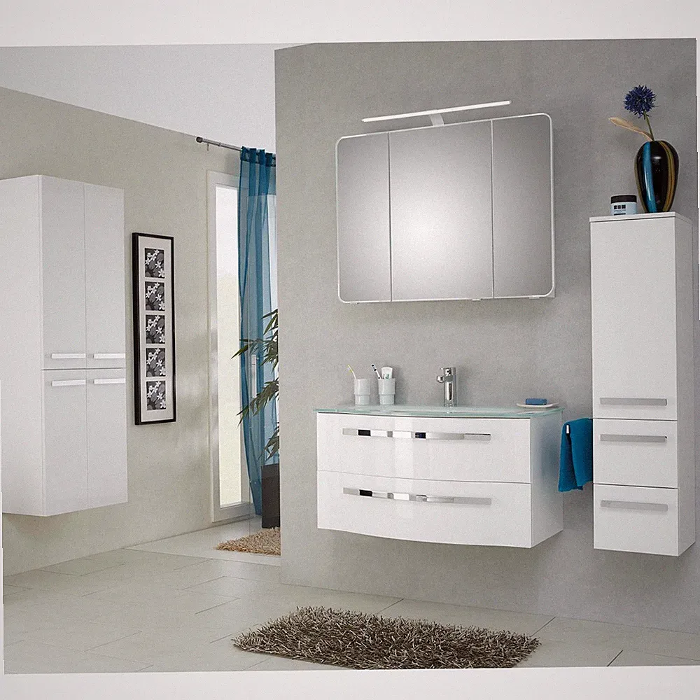 Badezimmer Badmöbel Waschplatz Unterschrank Hochschrank Bad Wand-Schrank in weiß