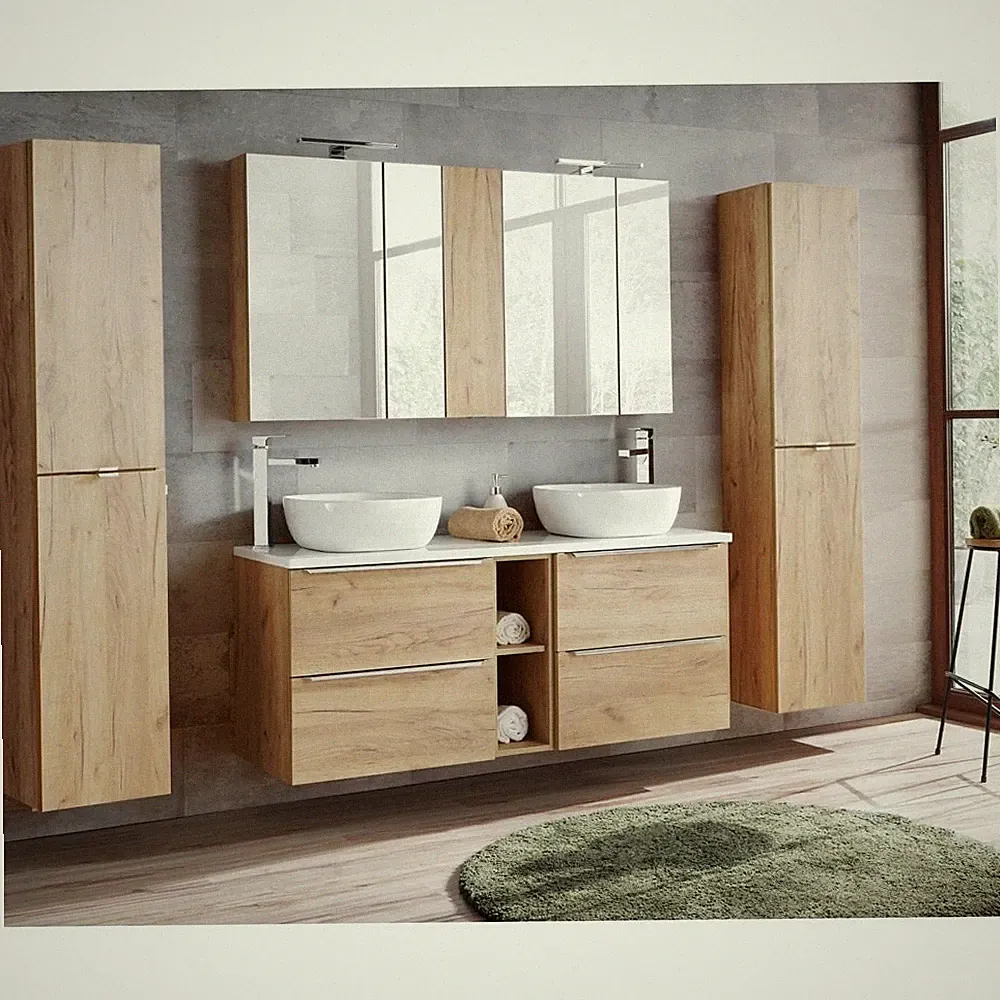 Badezimmer Badmöbelset Eiche 140cm Keramik Waschtisch Spiegelschrank Hochschrank