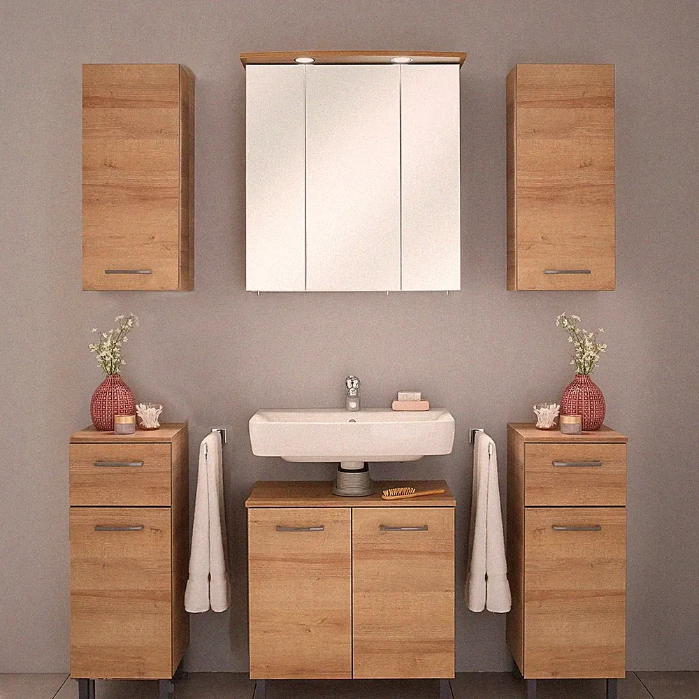 Badezimmer Badmöbelset Eiche LED Spiegelschrank Unterschrank Waschbeckenschrank