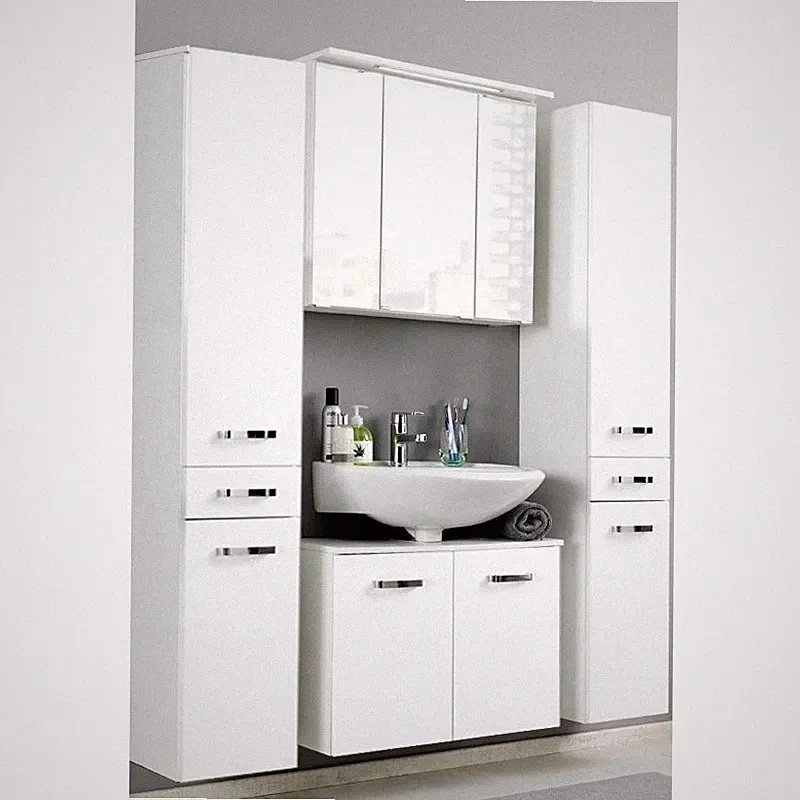 Badezimmer Basdmöbel Set Waschtischunterschrank LED Spiegelschrank Hochschränke
