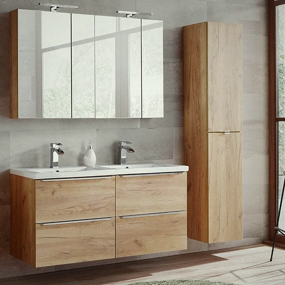 Badezimmer Doppel-Waschplatz mit 2 Spiegelschränken LED & Hochschrank Wotaneiche