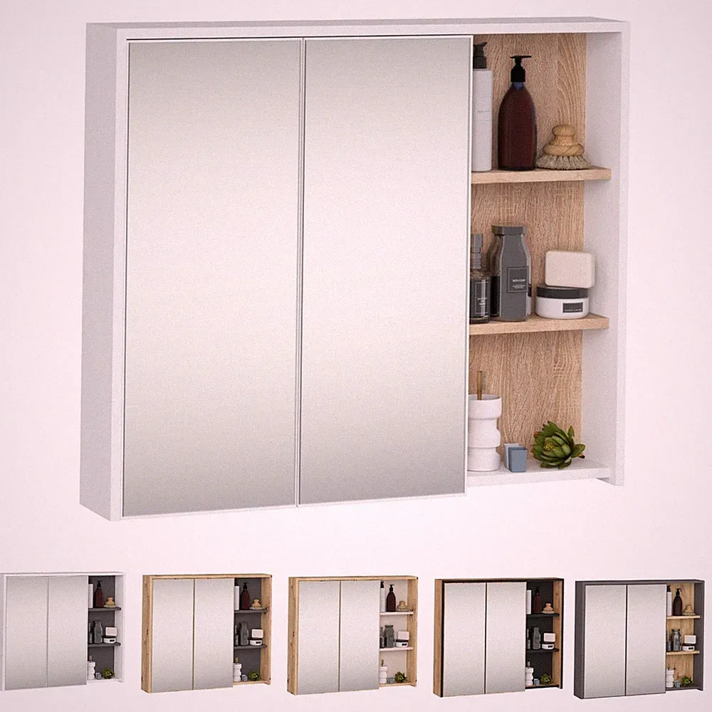 Badezimmer-Hängeschrank VAMI mit Spiegel 2 Türen 6 Regalböden B90xH75xT15 cm