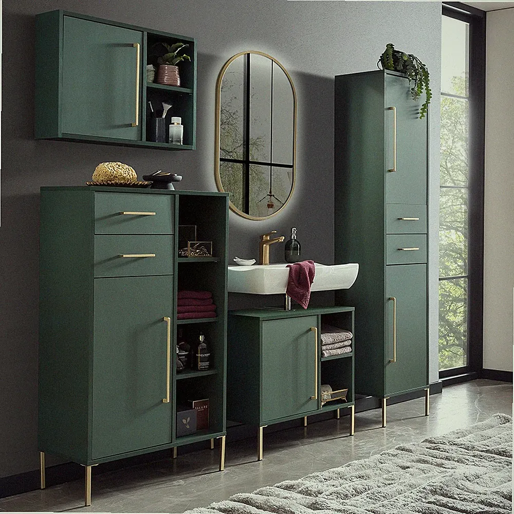Badezimmer Komplett Set in waldgrün inkl. Beleuchtung Spiegel Highboard Bad
