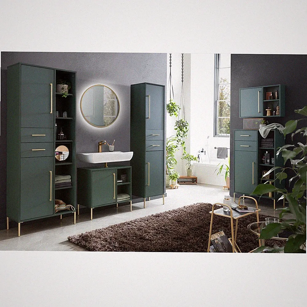 Badezimmer Komplett Set inkl. 80 cm Spiegel und Beleuchtung in waldgrün Gäste-WC