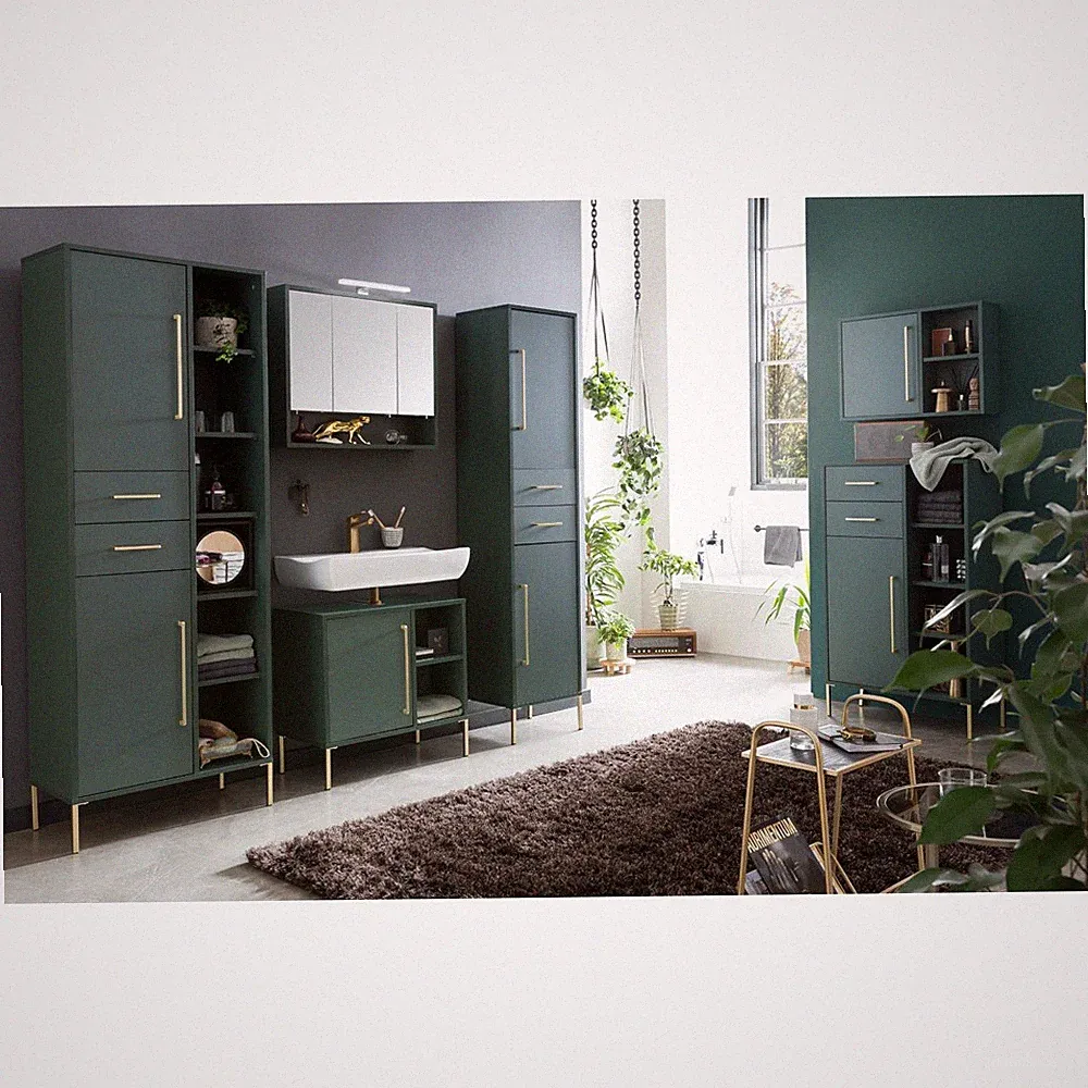 Badezimmer Komplett Set inkl. Beleuchtung in waldgrün Spiegelschrank Gäste-WC