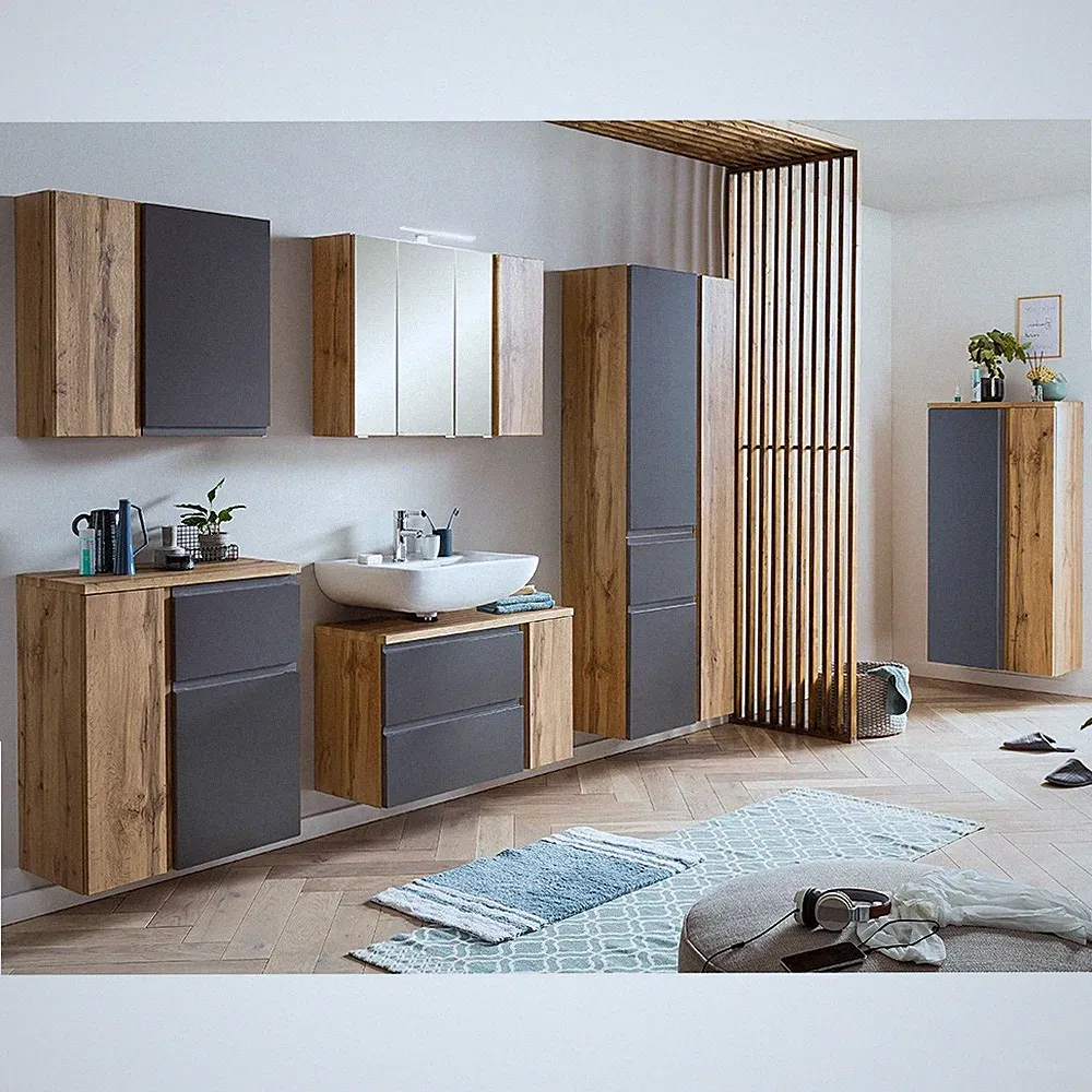 Badezimmer Komplett Set, Wotan Eiche/grau, Beleuchtung, stehend/hängend, 6-tlg.