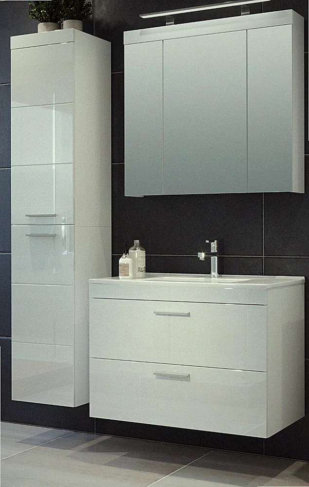 Badezimmer Möbel komplett Set + Waschbecken weiß Hochglanz Badset hängend Devon