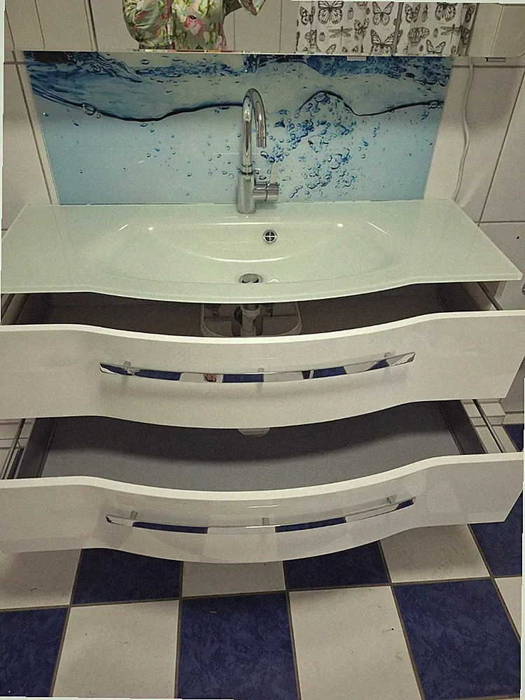 Badezimmer Möbel Pelipal 1,2m Glaswaschbecken Schubladen Spiegel