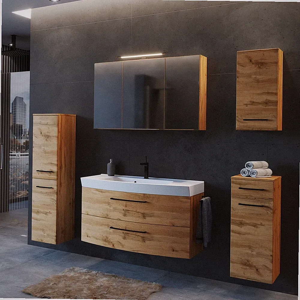 Badezimmer Möbel Set. 5-tlg. Wotaneiche mit Griff in Metall schwarz, MDF