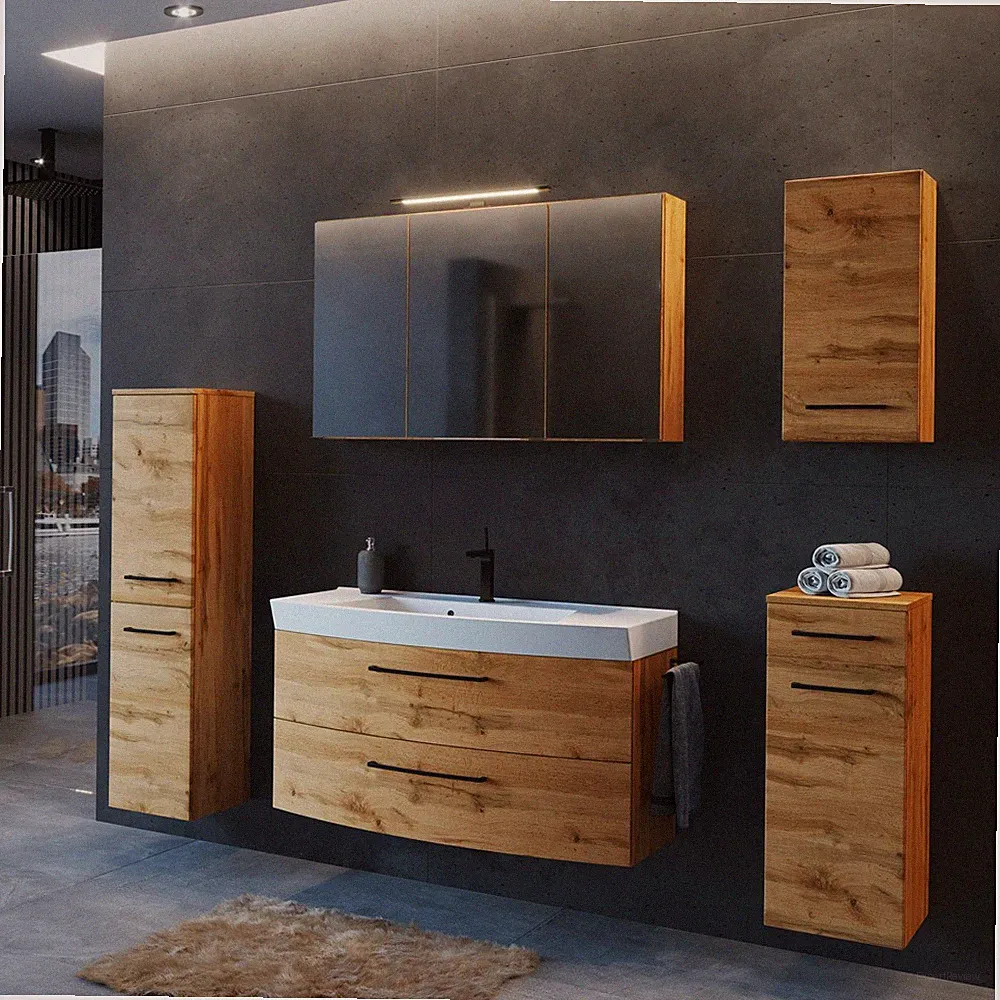 Badezimmer Möbel Set. 5-tlg. Wotaneiche mit Griff in Metall schwarz, MDF