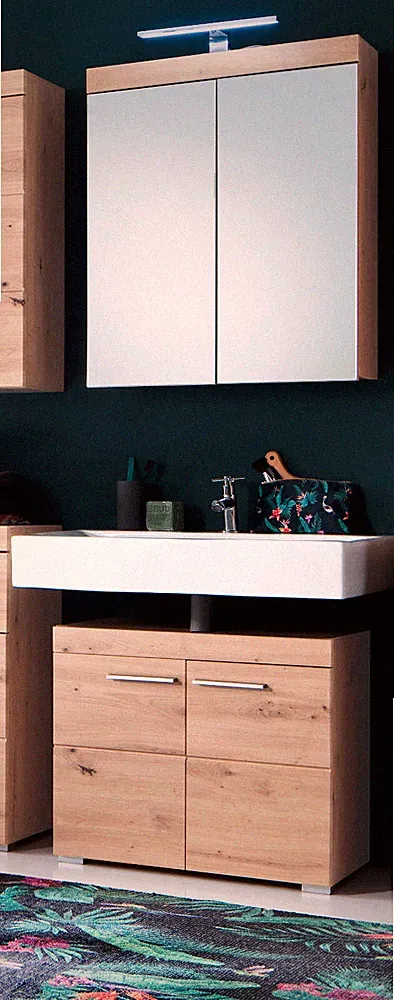 Badezimmer Möbel Set Eiche Badset Waschbeckenunterschrank Spiegelschrank Amanda