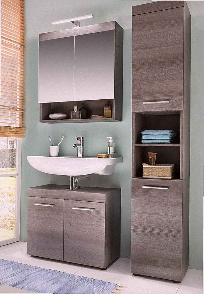 Badezimmer Möbel Set grau Bad mit Hochschrank Unterschrank Spiegelschrank Runner