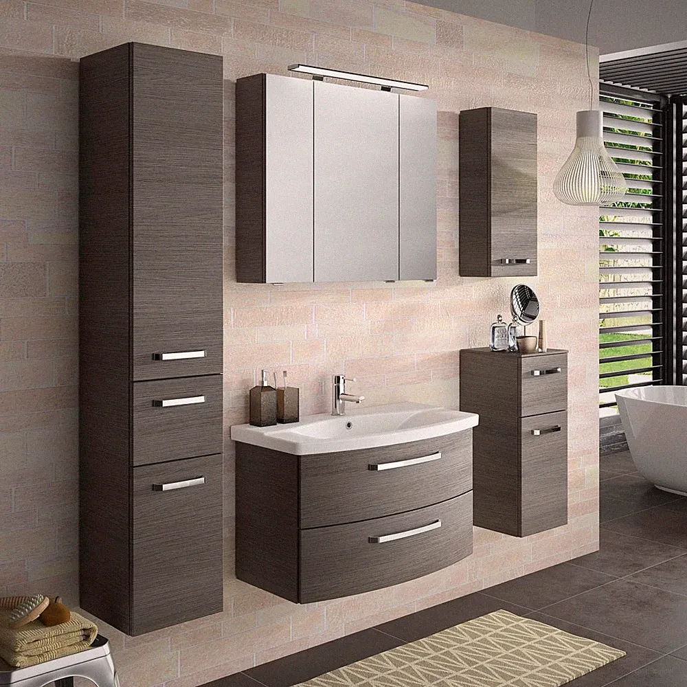 Badezimmer Möbel-Set grau Bad Waschplatz Spiegelschrank Hochschrank Wandschrank