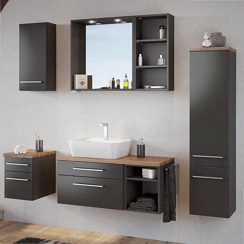 Badezimmer Möbel Set inkl. Keramik Aufsatz-Waschbecken matt grau Badmöbel 90cm