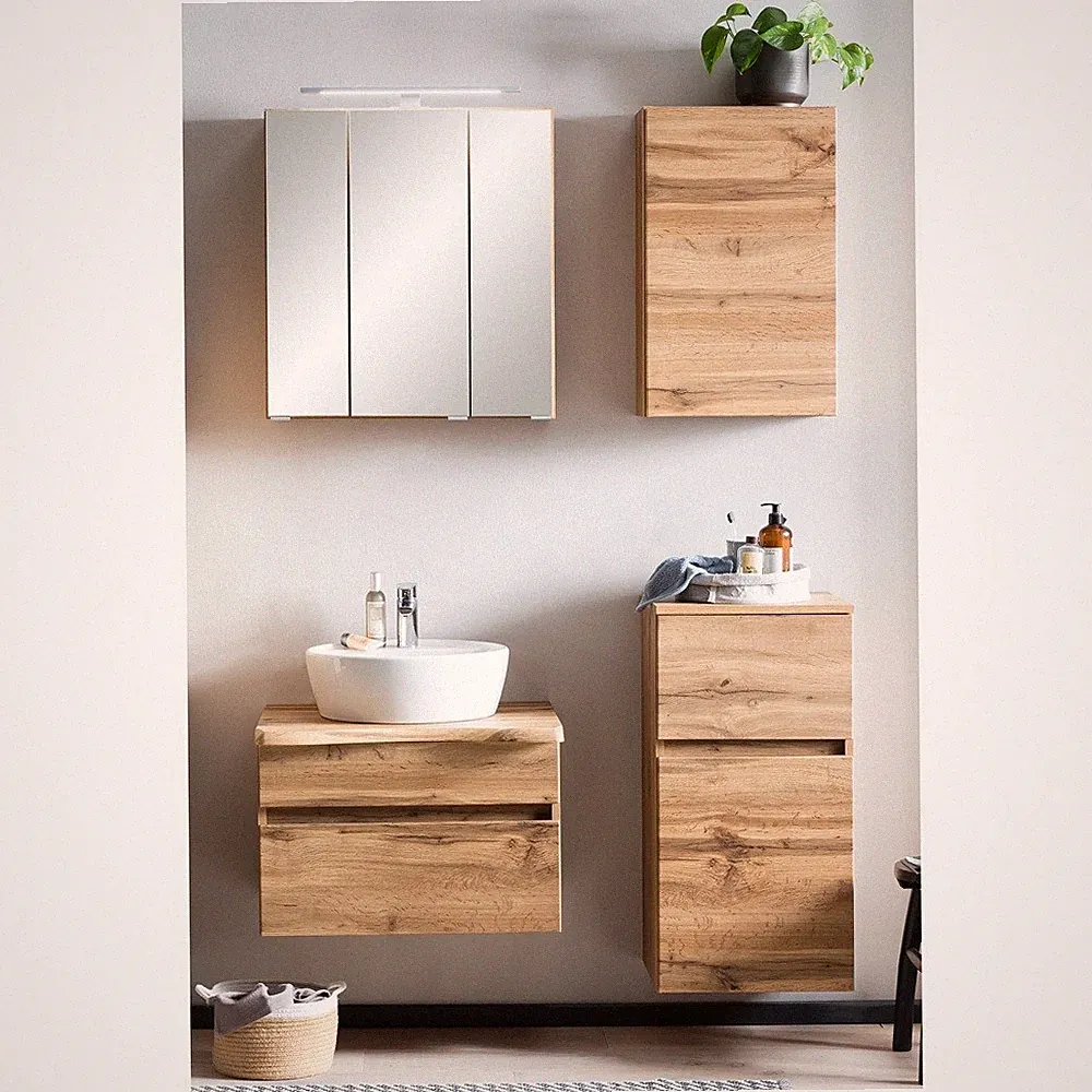 Badezimmer Möbel Set Spiegelschrank Waschtisch Hängeschrank Unterschrank Eiche