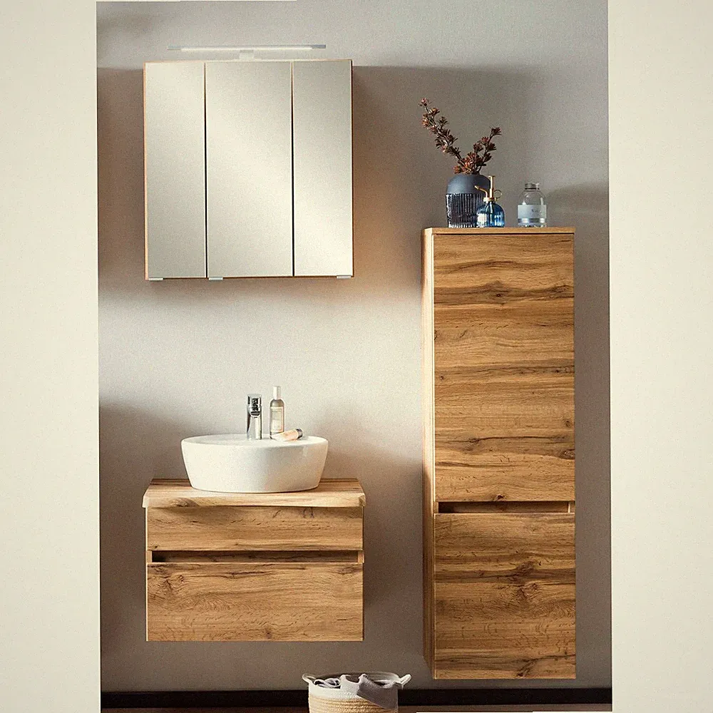 Badezimmer Möbel Set Waschtisch Spiegelschrank LED Eiche Waschbecken Baumkante