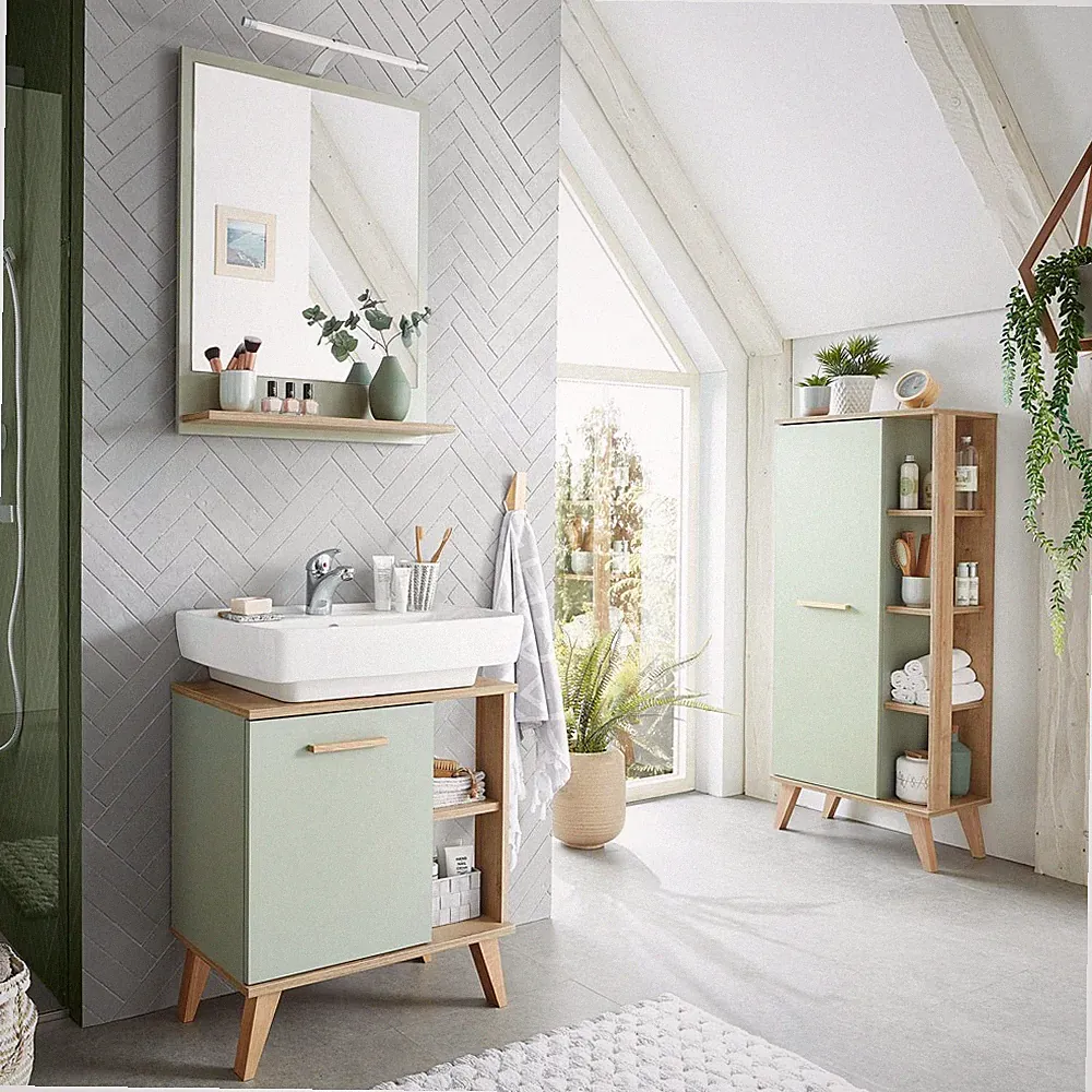Badezimmer Möbel, Spiegel, Beleuchtung, Midischrank, Waschbeckenunterschrank