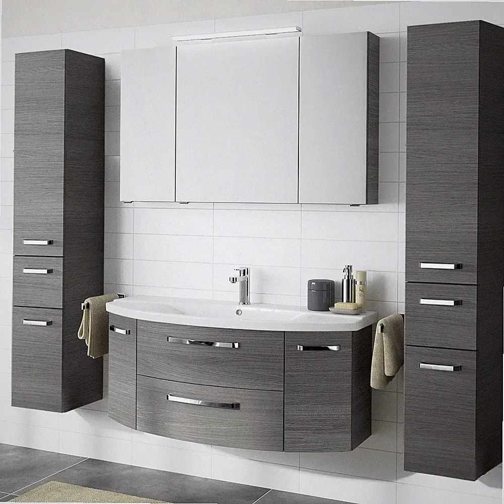 Badezimmer Set 120cm Waschtisch mit Unterschrank grau Waschbecken 2 Hochschränke