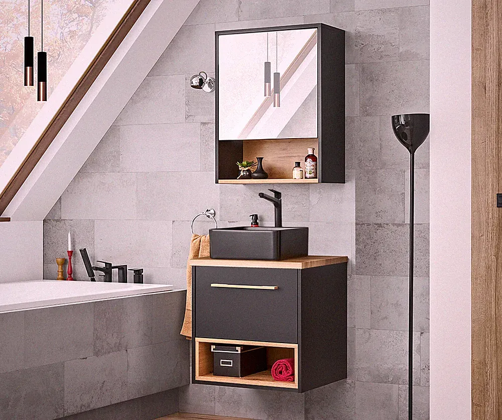 Badezimmer SET 2-tlg. BORNEO 60cm | Waschplatz + Spiegelschrank | grau-eiche