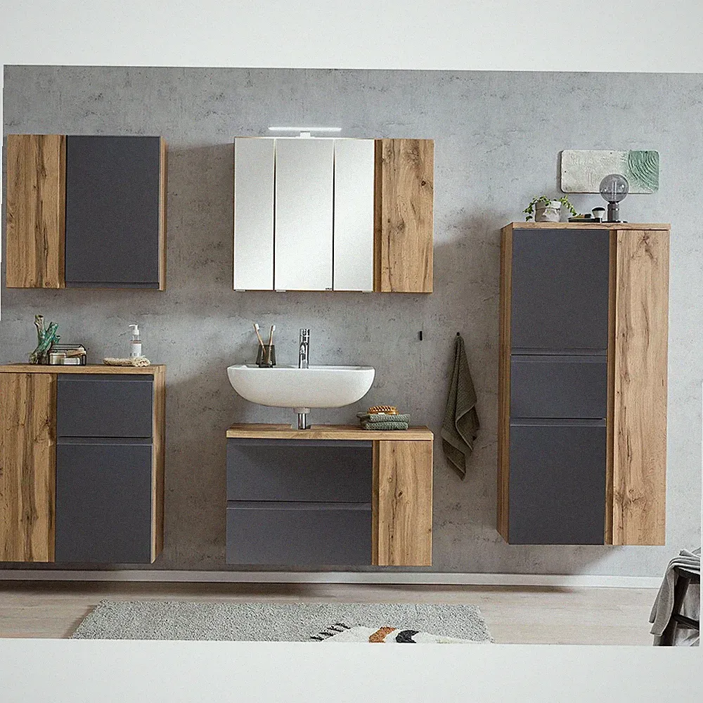 Badezimmer Set, 5-tlg., Wotan Eiche mit matt grau, inkl. LED Beleuchtung
