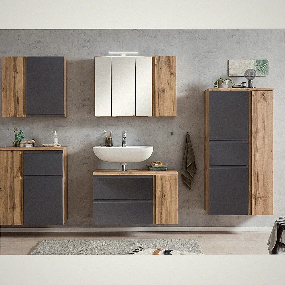 Badezimmer Set, 5-tlg., Wotan Eiche mit matt grau, inkl. LED Beleuchtung
