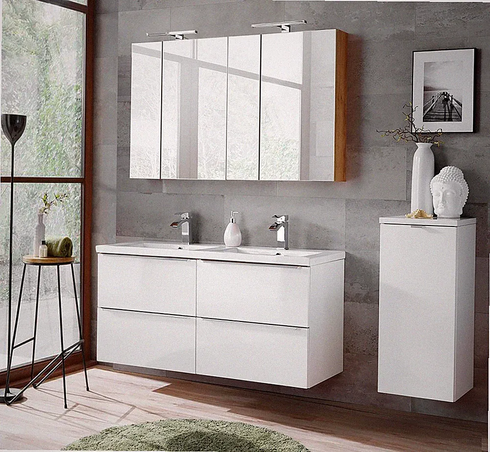 Badezimmer SET CAPRI 120cm 3-tlg. | Doppelwaschbecken, Hoch- und Spiegelschrank