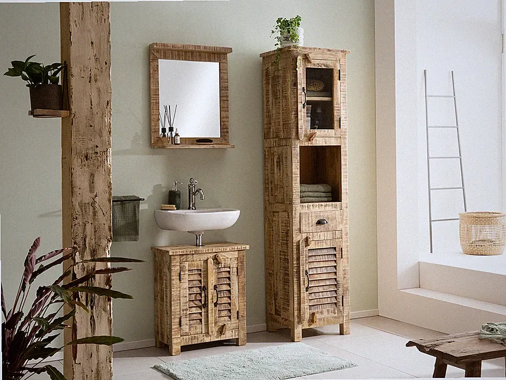 Badezimmer Set Caribou, rustikal 3-teilig, Massivholz, Hochschrank, Waschbeckenu