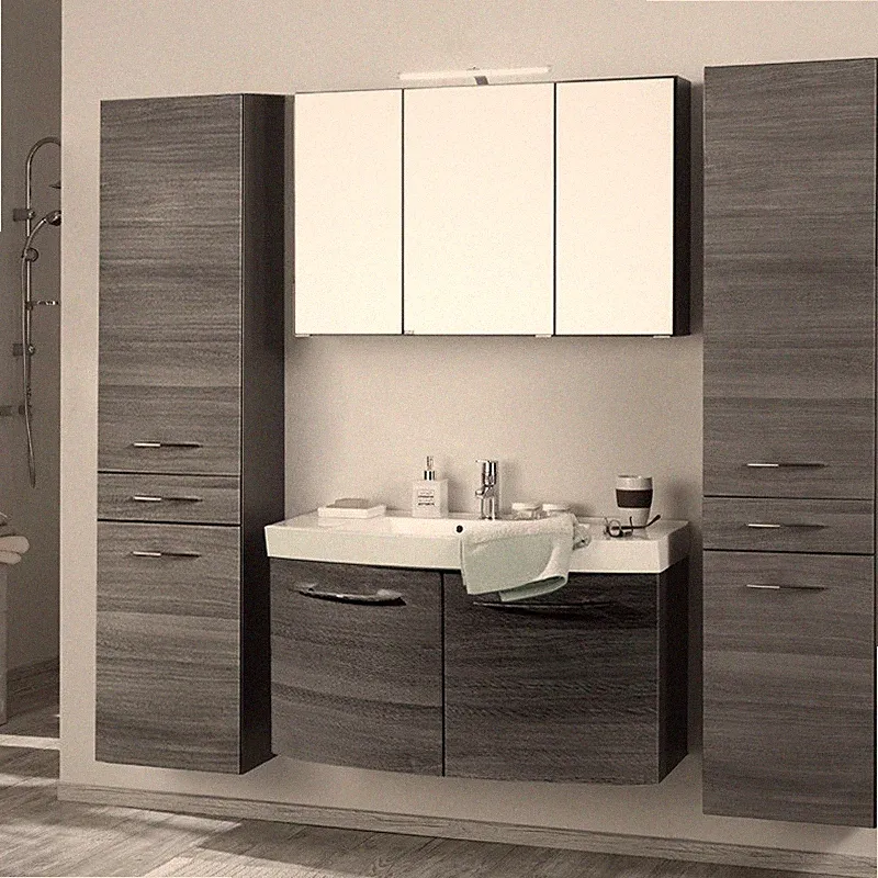 Badezimmer Set Eiche 100cm Waschtisch LED Spiegelschrank Badmöbel 2 Hochschränke