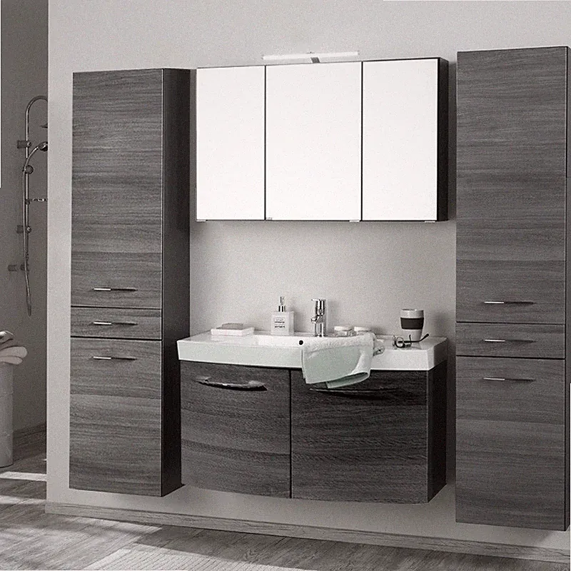 Badezimmer Set Eiche 100cm Waschtisch LED Spiegelschrank Badmöbel 2 Hochschränke