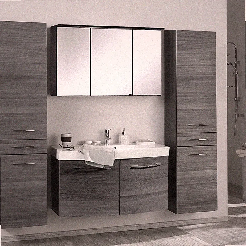 Badezimmer Set grau 100cm Waschtisch LED Spiegelschrank Badmöbel 2 Hochschränke
