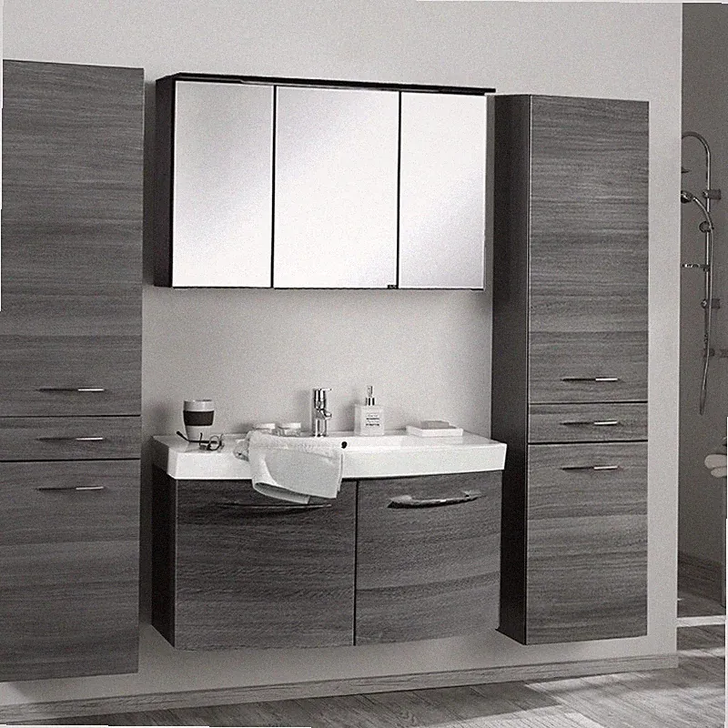 Badezimmer Set grau 100cm Waschtisch LED Spiegelschrank Badmöbel 2 Hochschränke
