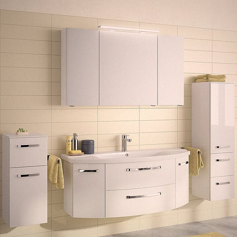 Badezimmer Set Hochglanz Waschtisch 120cm Keramik Waschbecken LED Spiegelschrank