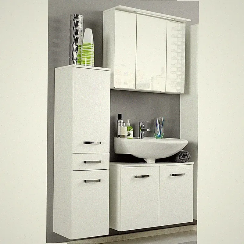 Badezimmer Set Hochglanz weiß Waschbeckenschrank LED Spiegelschrank Hochschrank