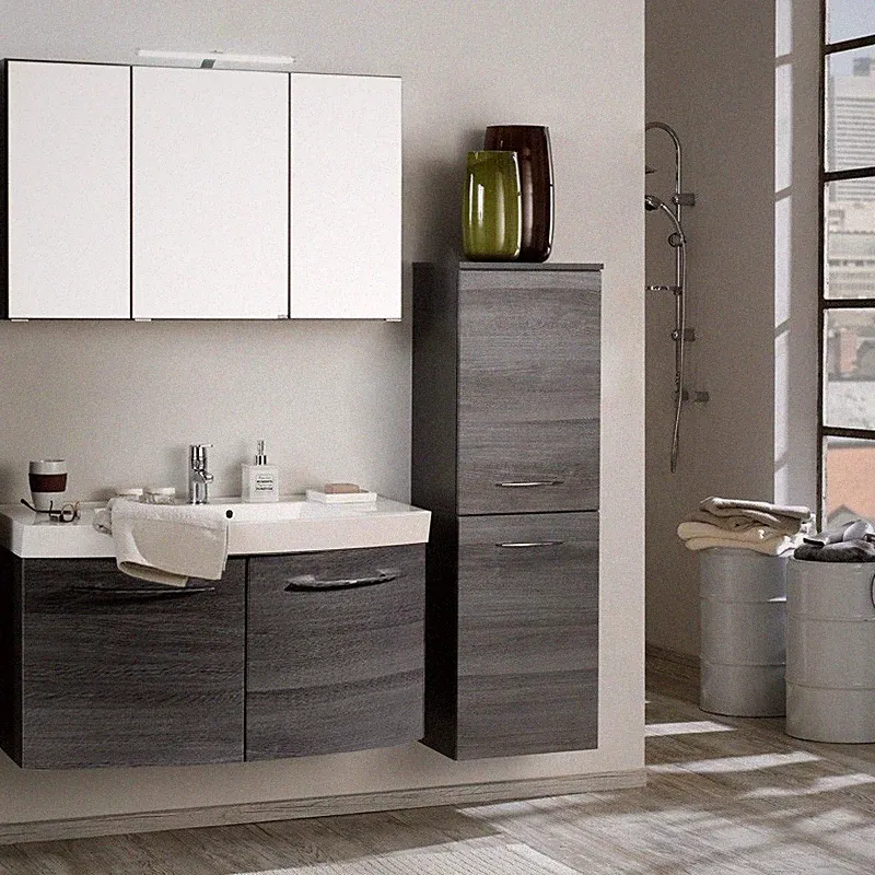 Badezimmer Set in Eiche 100cm Waschtisch LED Spiegelschrank Badmöbel Hochschrank