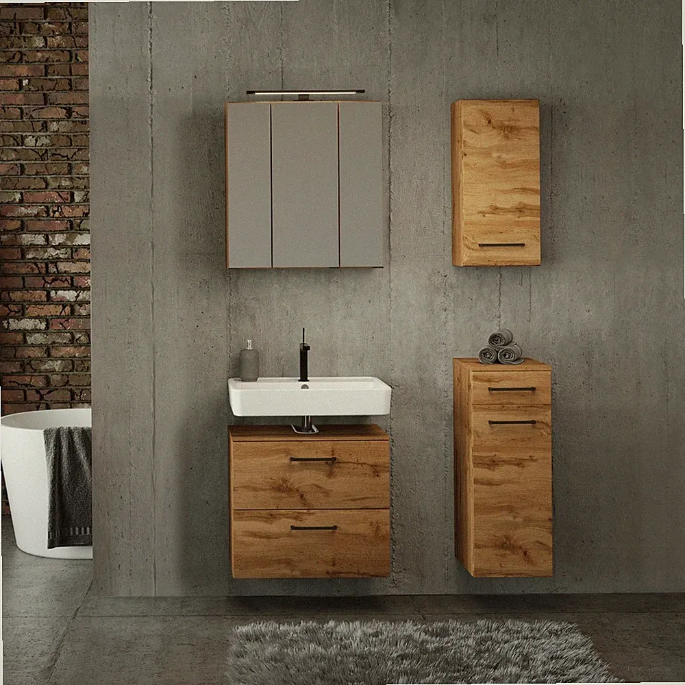 Badezimmer Set in Wotan Eiche Nb. mit Spiegelschrank und LED Beleuchtung, MDF