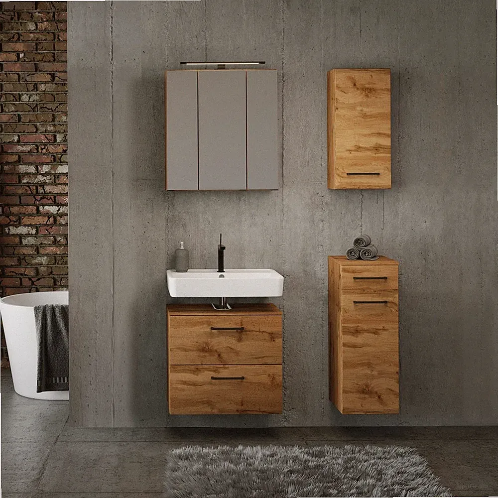 Badezimmer Set in Wotan Eiche Nb. mit Spiegelschrank und LED Beleuchtung, MDF