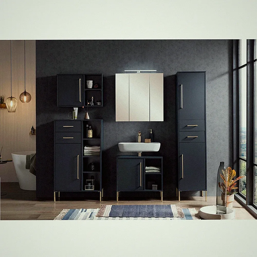 Badezimmer Set inkl. Beleuchtung 5-teilig in nachtblau, B/H/T: ca. 207,6/184,3/3